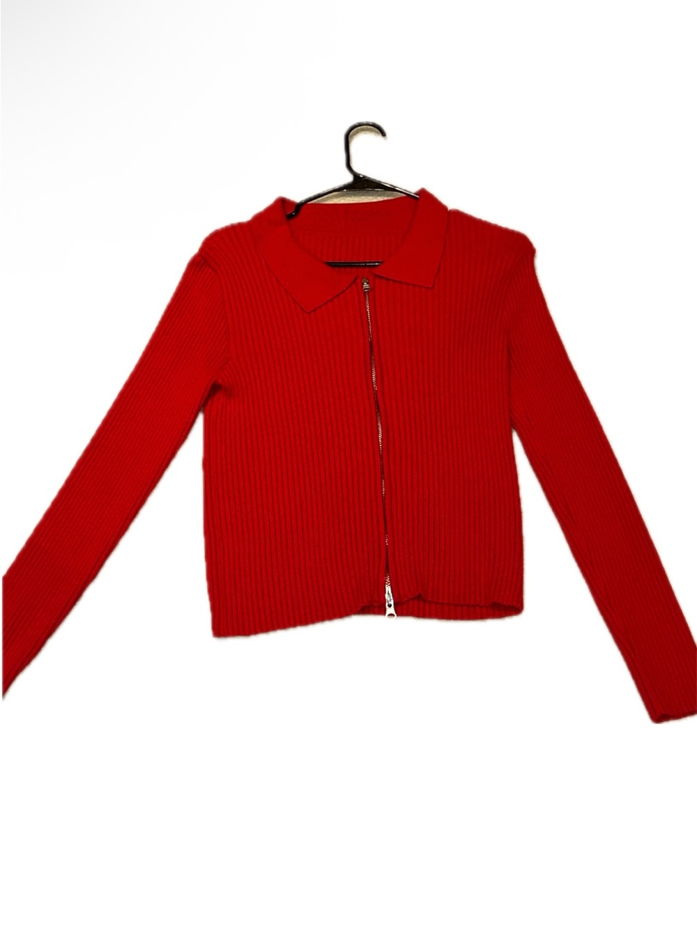 Vintage Red Ribbed Zip-Front Collared Sweater
